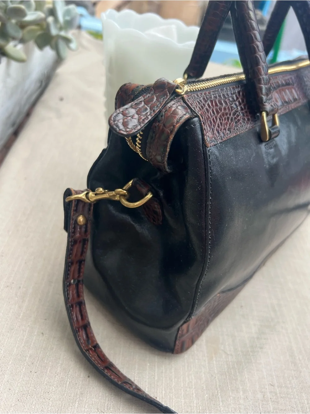 Brahmin Black Leather Satchel with Brown Croc-Embossed Trim